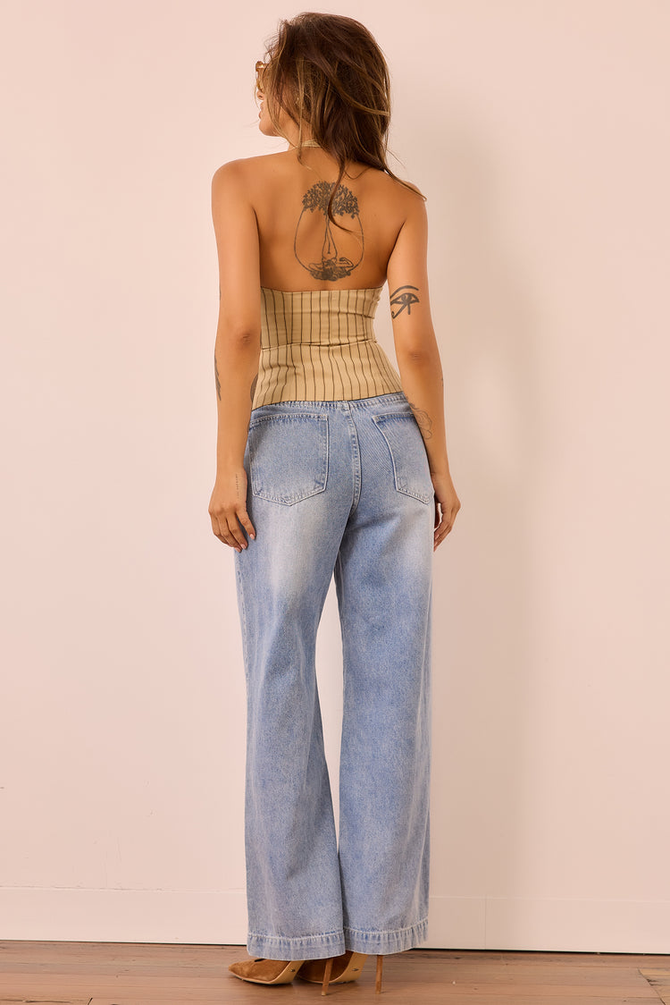 Retro Fade Wide Denim Jeans - Washed Blue for women