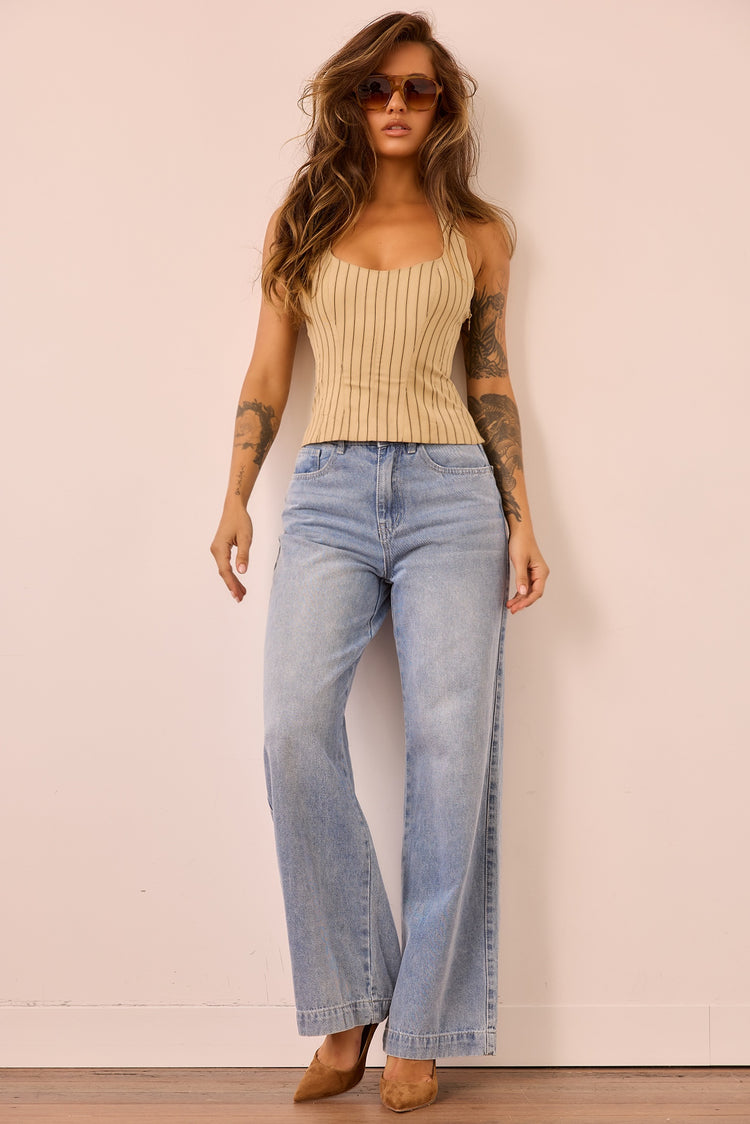 Retro Fade Wide Denim Jeans - Washed Blue for women