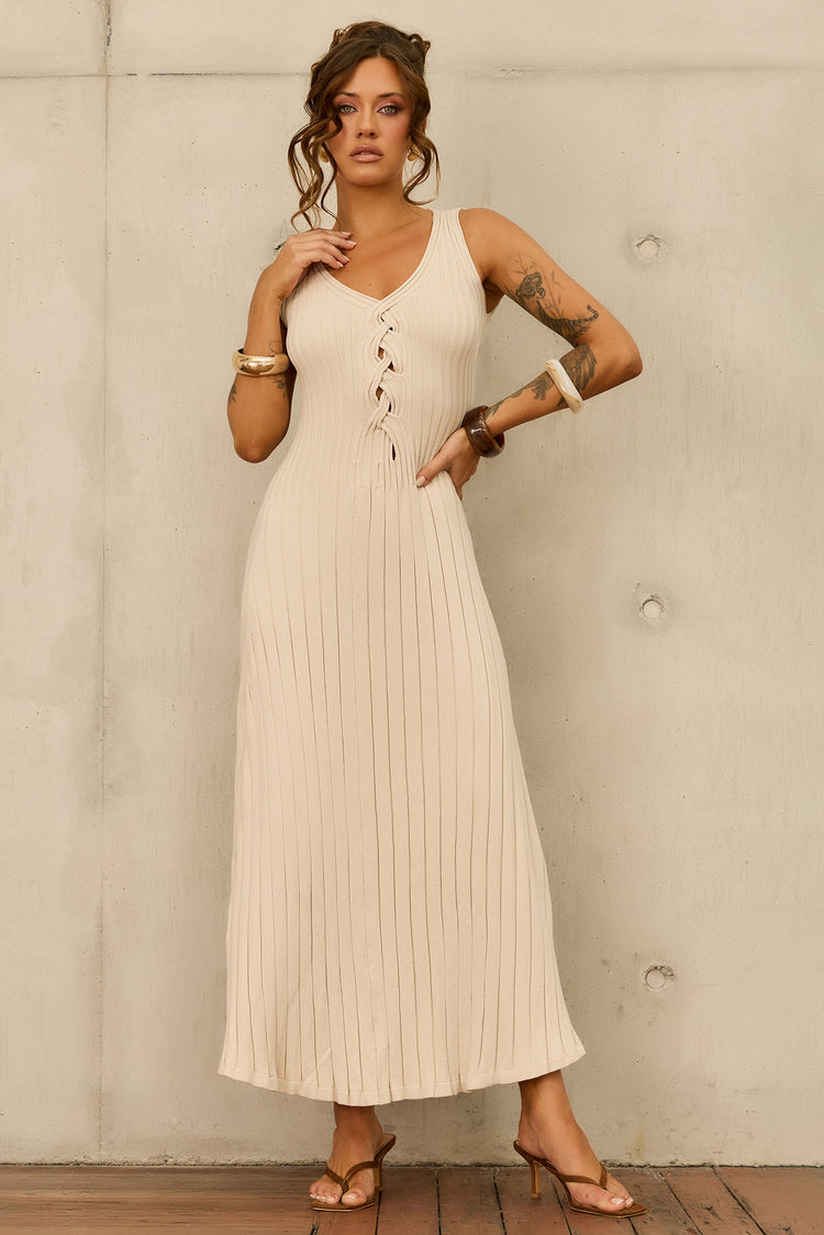 Serene Line Knit Midi Dress - Beige for women