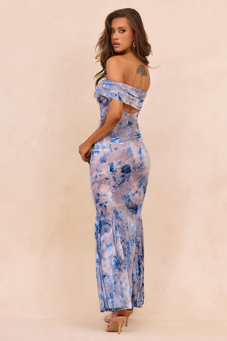 Serina Flocked Mesh Maxi Dress - Blue for women