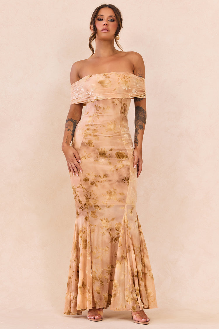 Serina Flocked Mesh Maxi Dress - Nude for women
