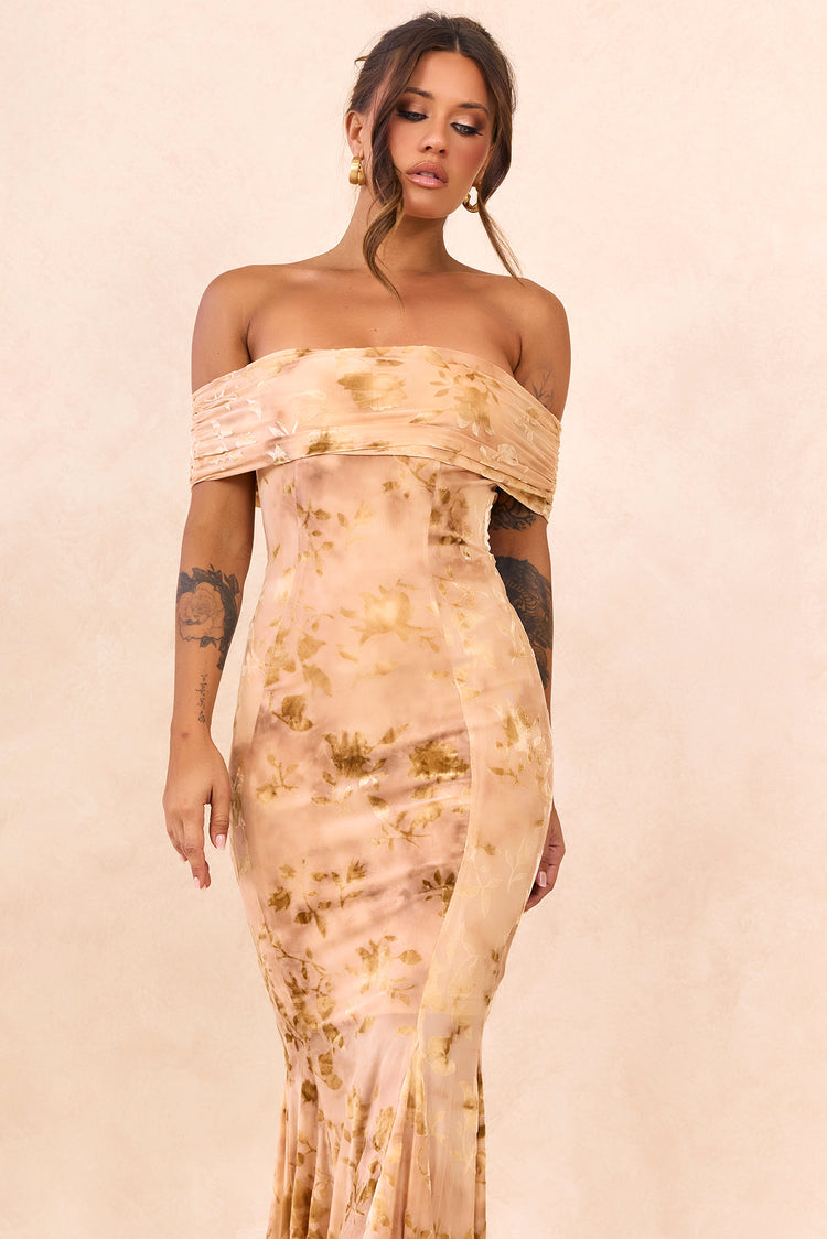 Serina Flocked Mesh Maxi Dress - Nude for women