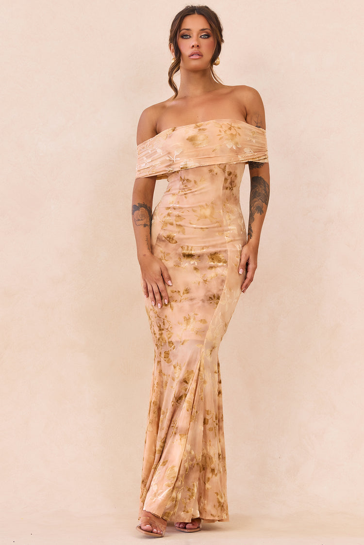Serina Flocked Mesh Maxi Dress - Nude for women
