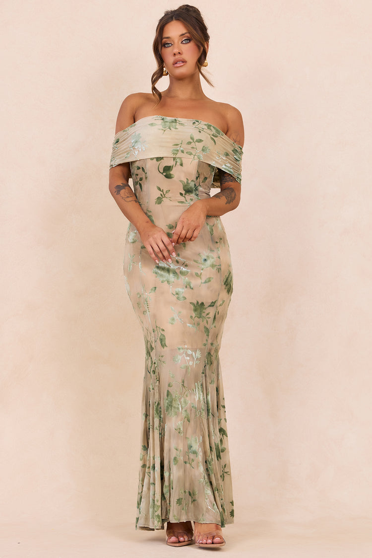 Serina Flocked Mesh Maxi Dress - Olive for women