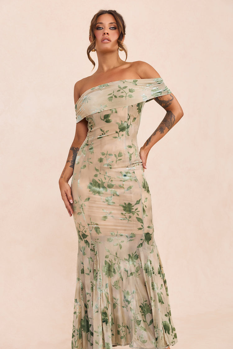 Serina Flocked Mesh Maxi Dress - Olive for women