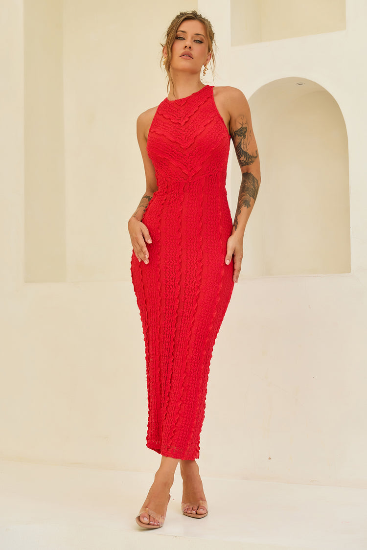She's The Flame Lace Midi Dress - Red for women