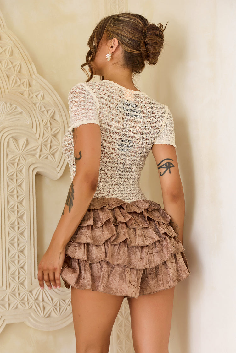 Soft Ruffle Woven Shorts - Brown for women