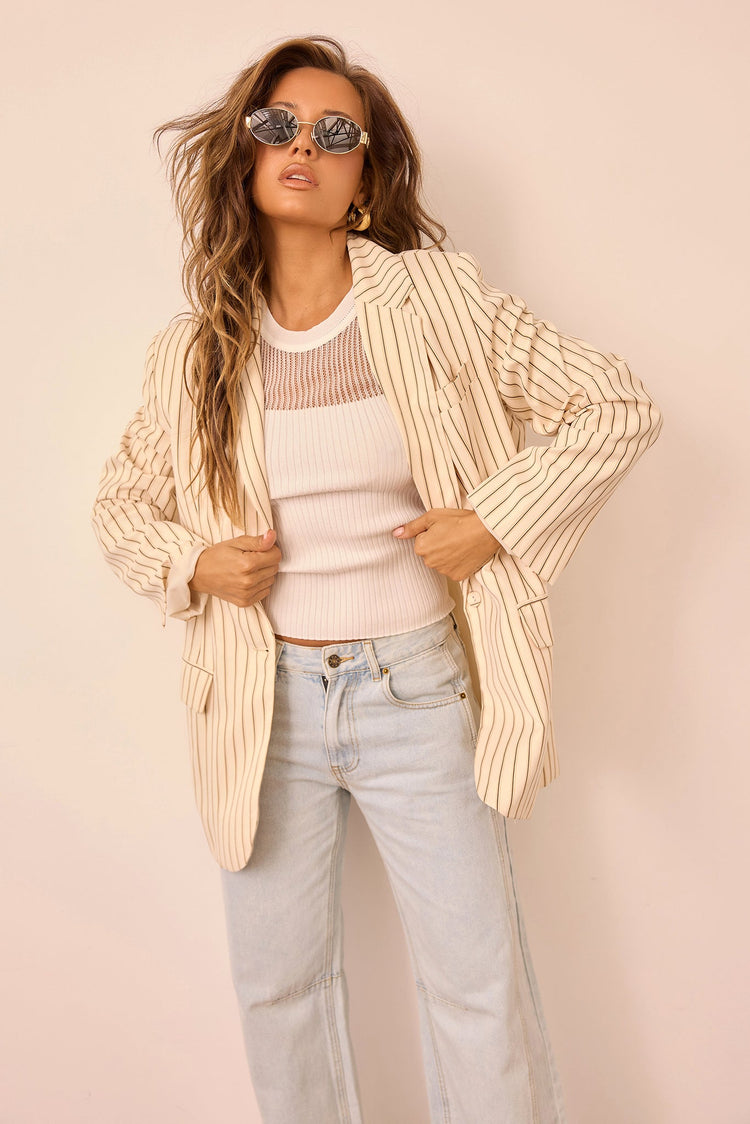 Strut With Style Woven Blazer - Cream Stripe for women