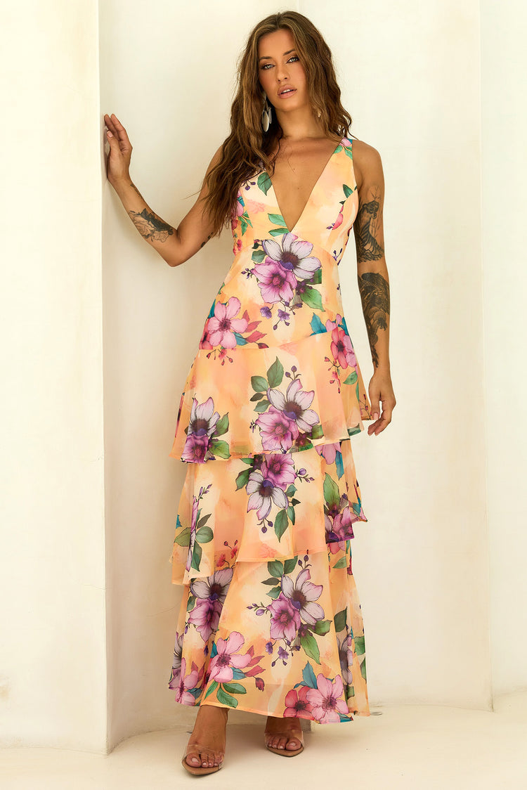 Sunlit Candy Tiered Chiffon Maxi Dress - Yellow for women
