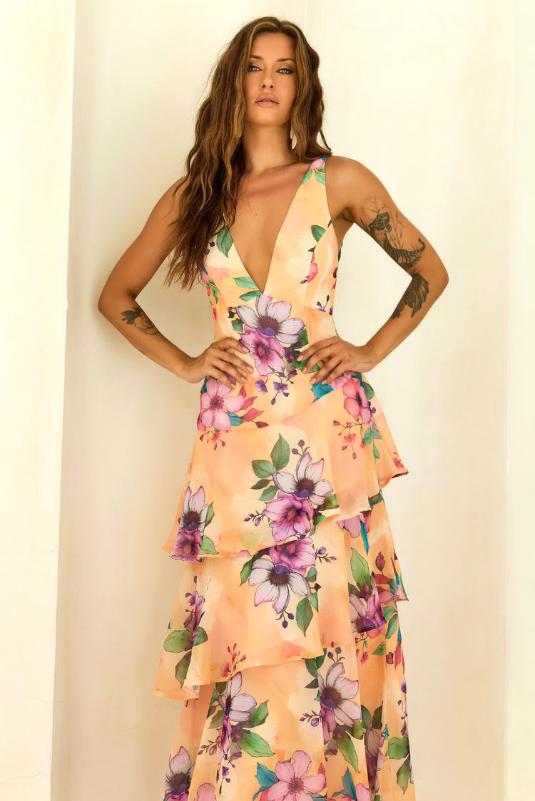 Sunlit Candy Tiered Chiffon Maxi Dress - Yellow for women
