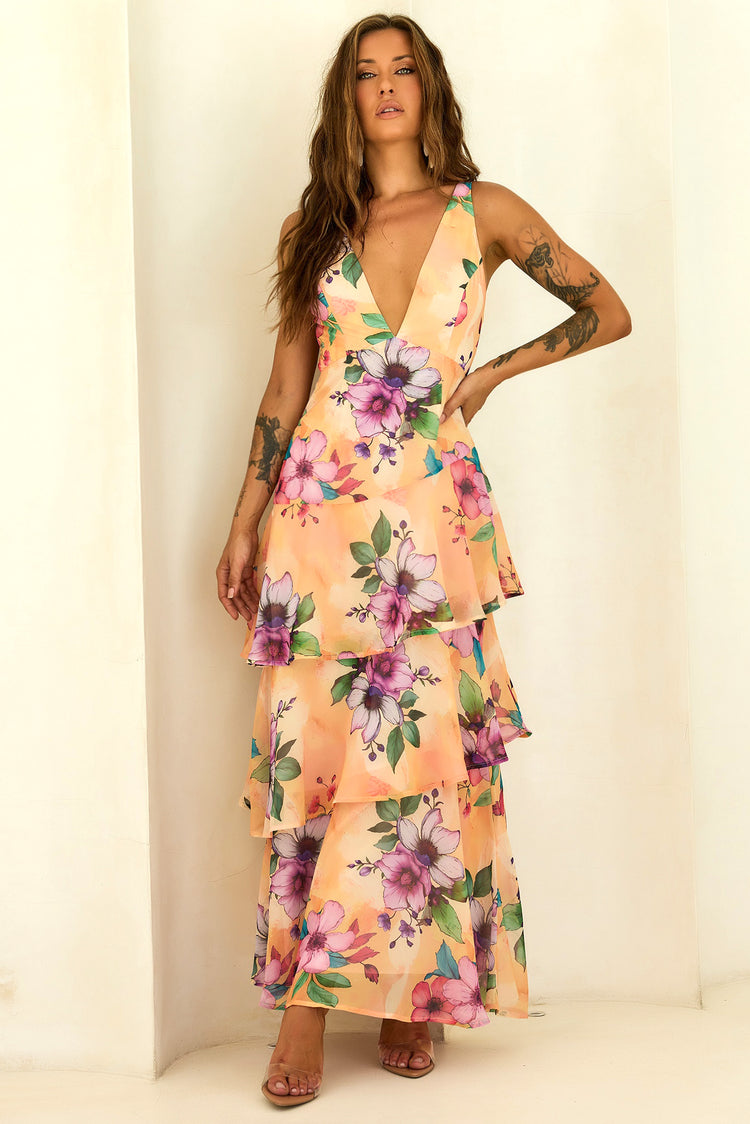 Sunlit Candy Tiered Chiffon Maxi Dress - Yellow for women