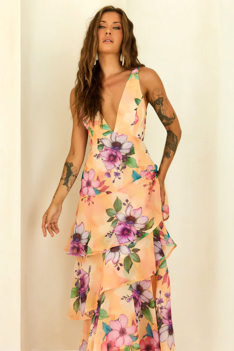 Sunlit Candy Tiered Chiffon Maxi Dress - Yellow for women