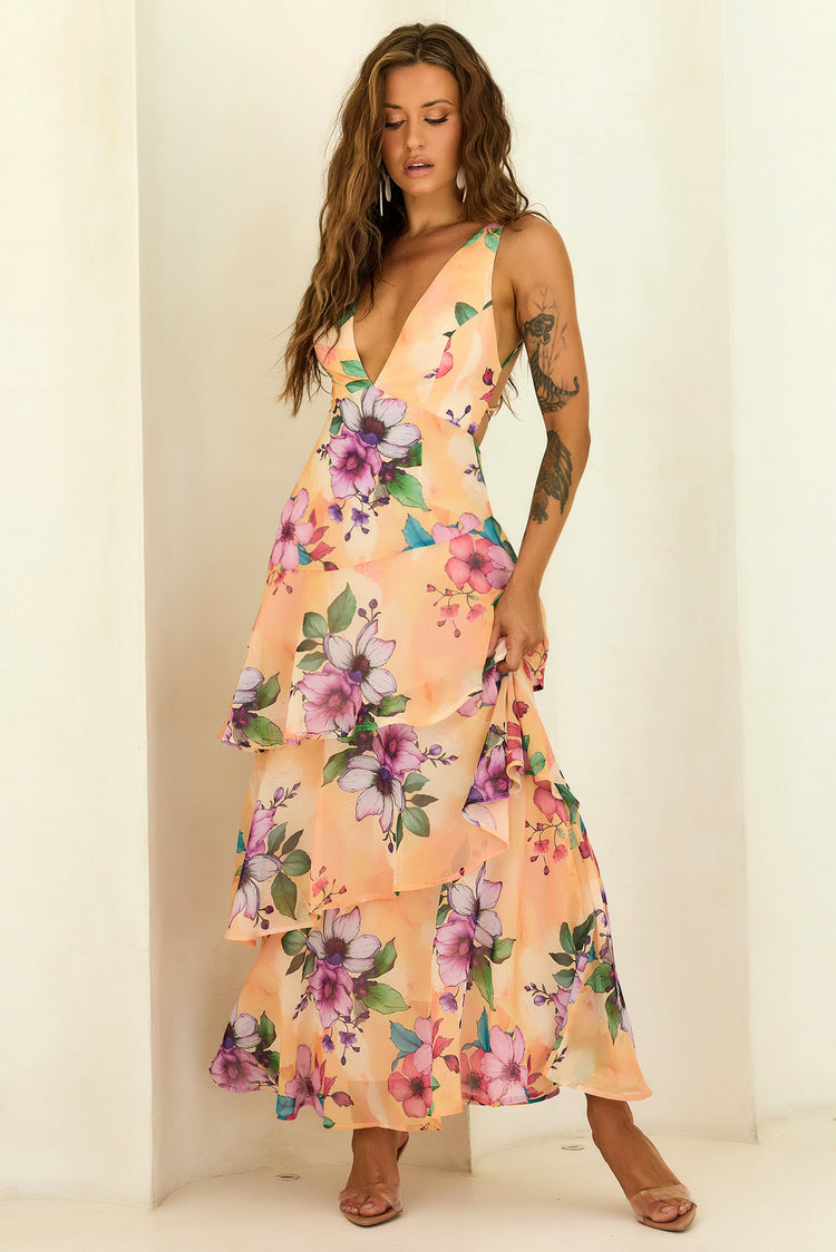 Sunlit Candy Tiered Chiffon Maxi Dress - Yellow for women