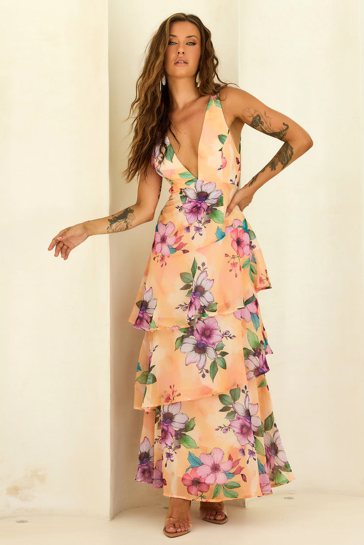 Sunlit Candy Tiered Chiffon Maxi Dress - Yellow for women