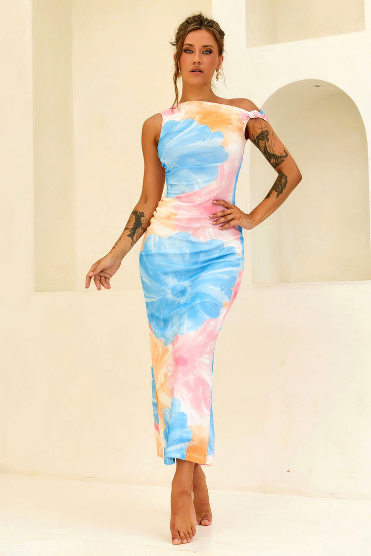 The Front Row Mesh Maxi Dress - Blue Multi for women