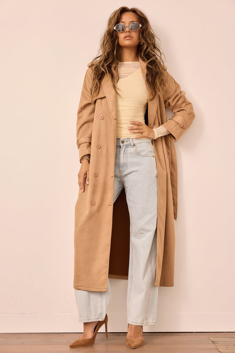 The Penny Vegan Suede Trench Coat - Tan for women
