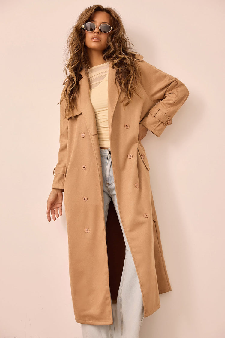 The Penny Vegan Suede Trench Coat - Tan for women