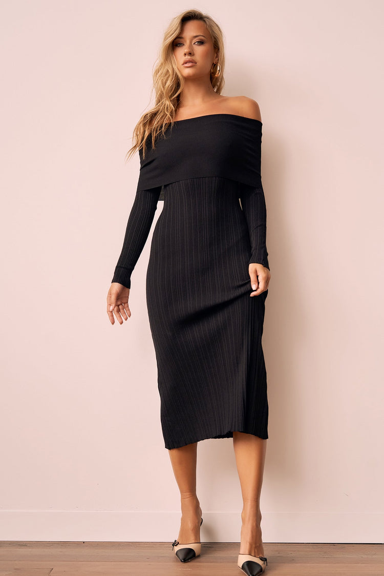Top Notch Knit Midi Dress - Black for women