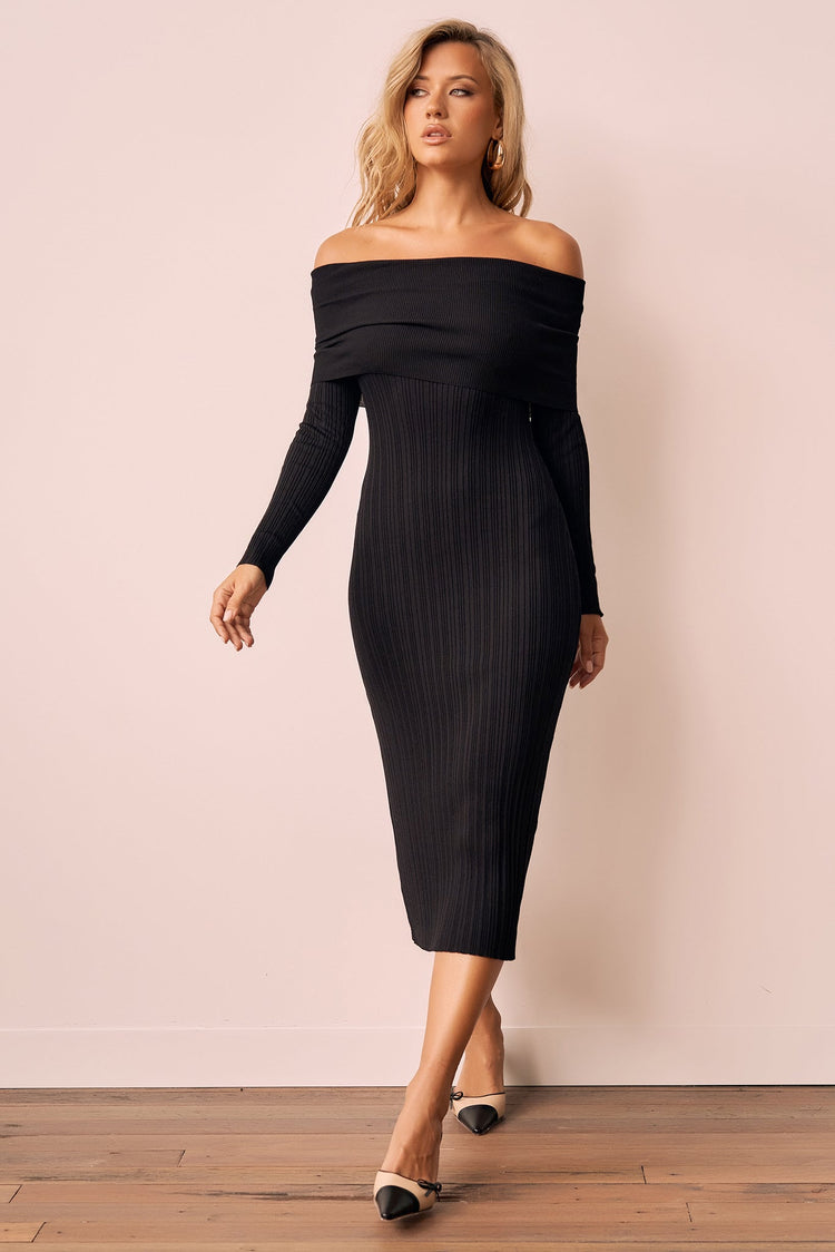 Top Notch Knit Midi Dress - Black for women