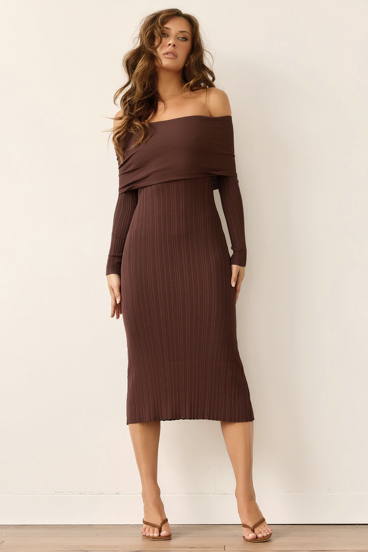 Top Notch Knit Midi Dress - Chocolate for women