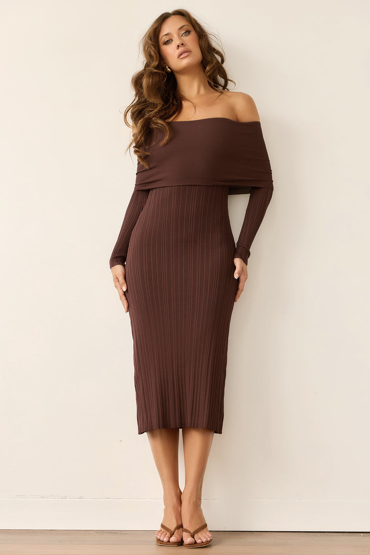 Top Notch Knit Midi Dress - Chocolate for women