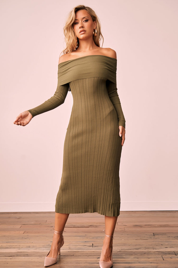 Top Notch Knit Midi Dress - Khaki for women