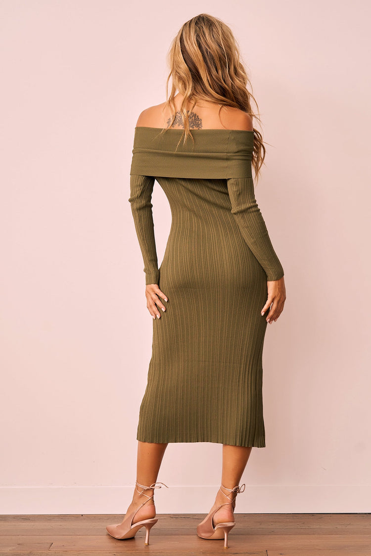 Top Notch Knit Midi Dress - Khaki for women