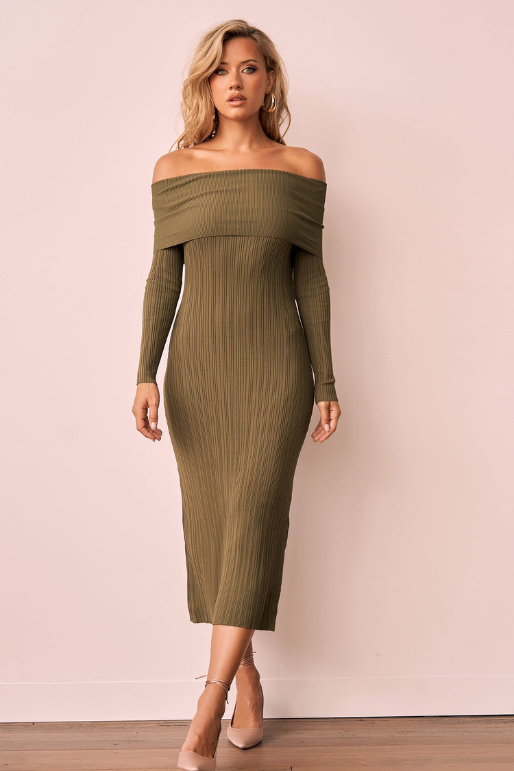 Top Notch Knit Midi Dress - Khaki for women