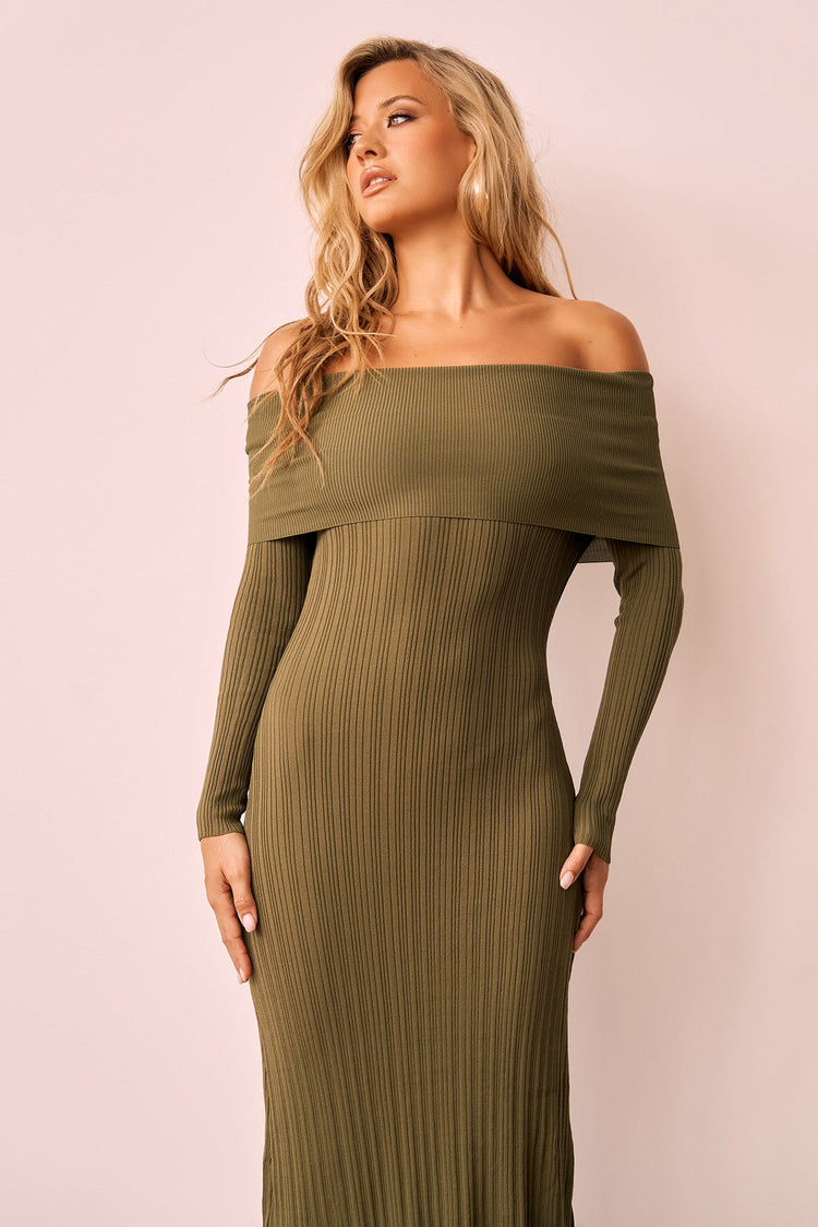 Top Notch Knit Midi Dress - Khaki for women