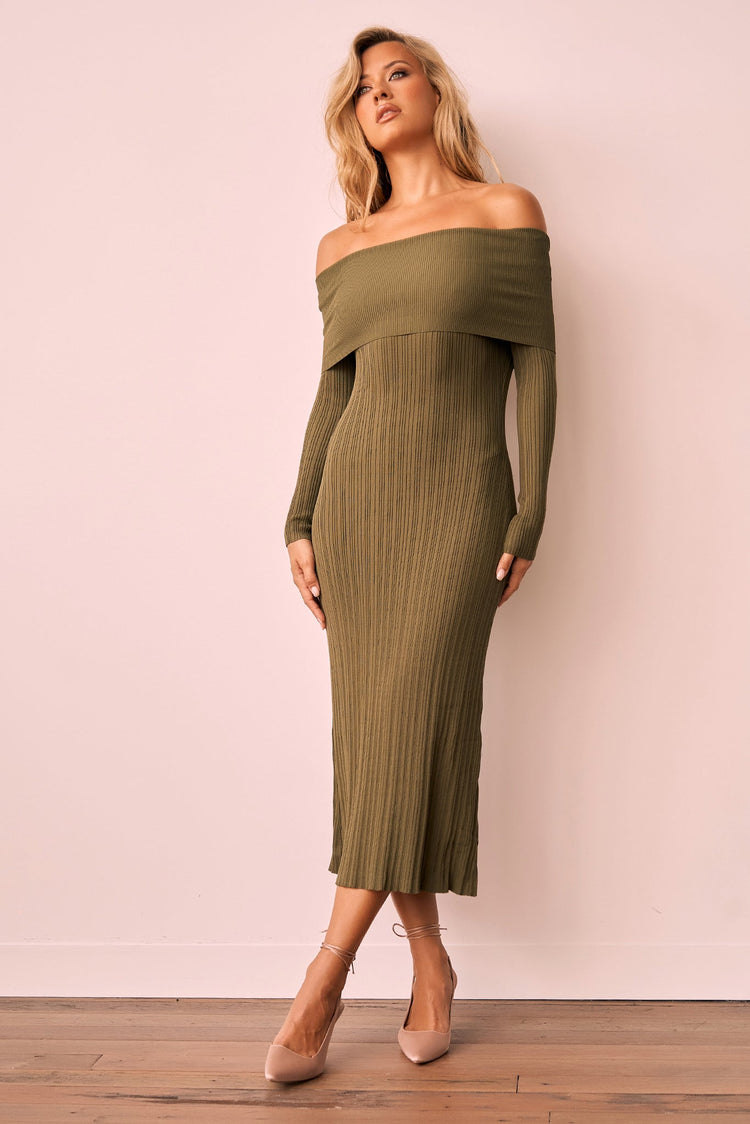 Top Notch Knit Midi Dress - Khaki for women