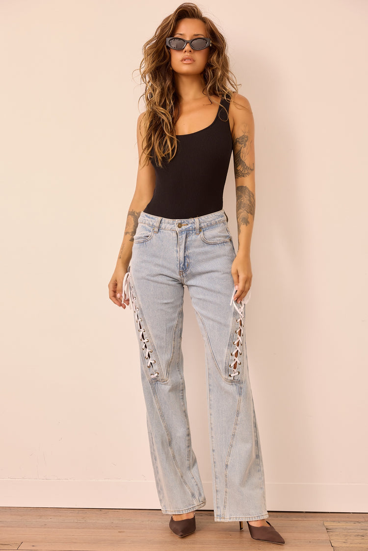 Venus Lace Denim Jeans - Washed Blue for women