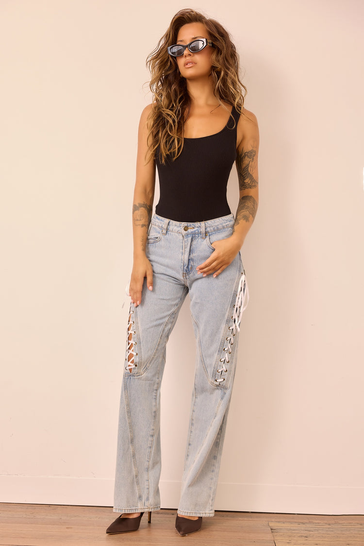 Venus Lace Denim Jeans - Washed Blue for women