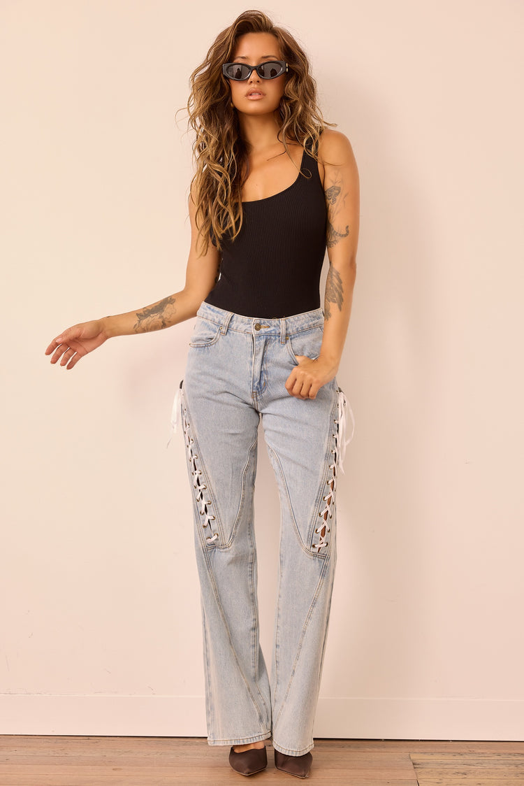 Venus Lace Denim Jeans - Washed Blue for women