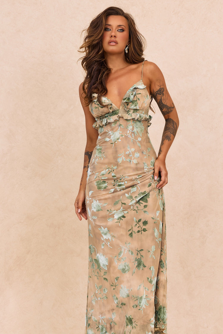 Whispering Garden Flocked Mesh Maxi Dress - Olive for women