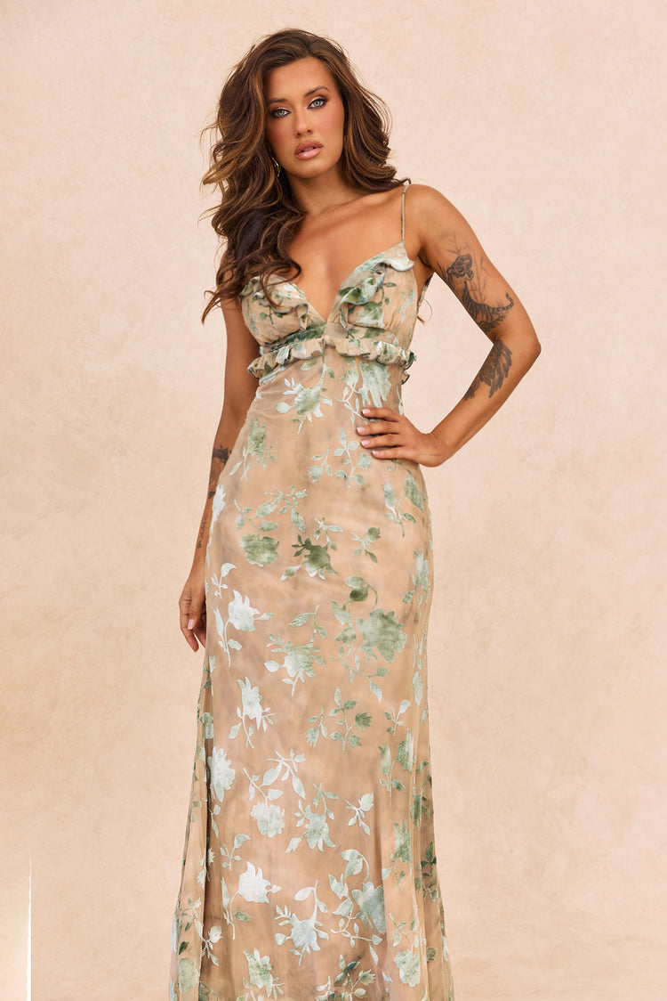 Whispering Garden Flocked Mesh Maxi Dress - Olive for women