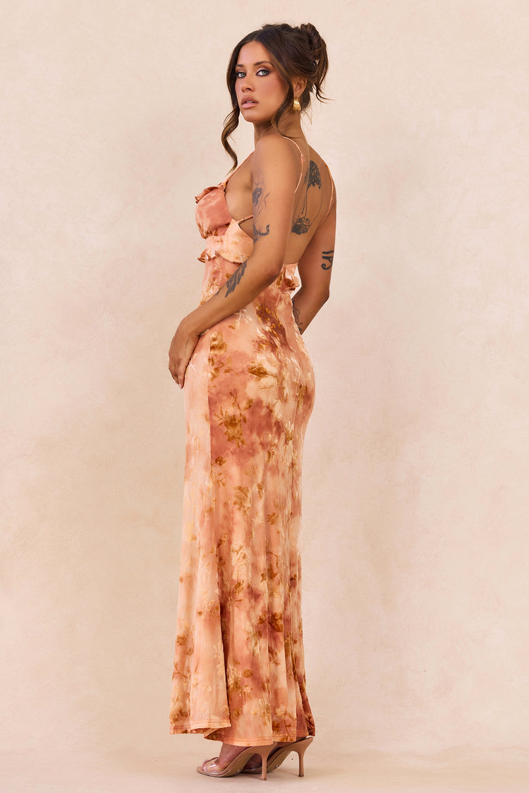 Whispering Garden Flocked Mesh Maxi Dress - Orange for women