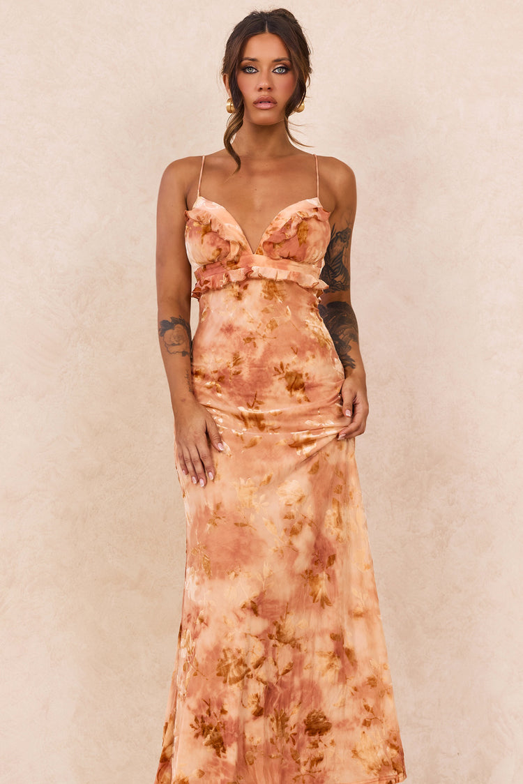 Whispering Garden Flocked Mesh Maxi Dress - Orange for women