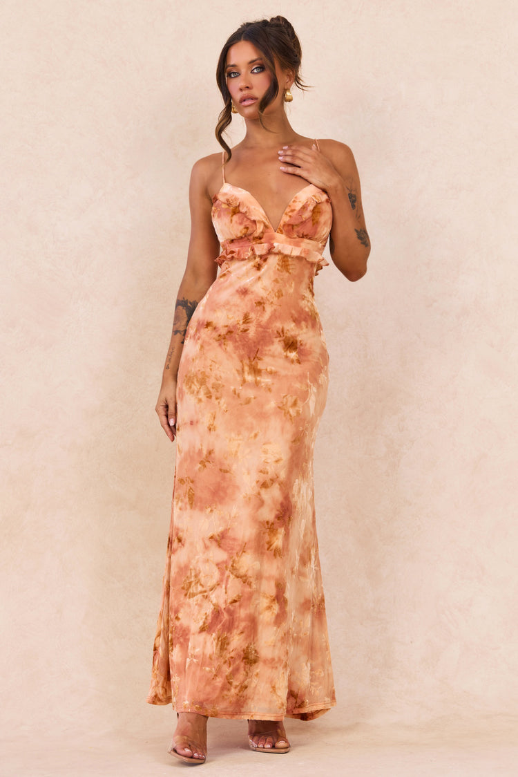 Whispering Garden Flocked Mesh Maxi Dress - Orange for women
