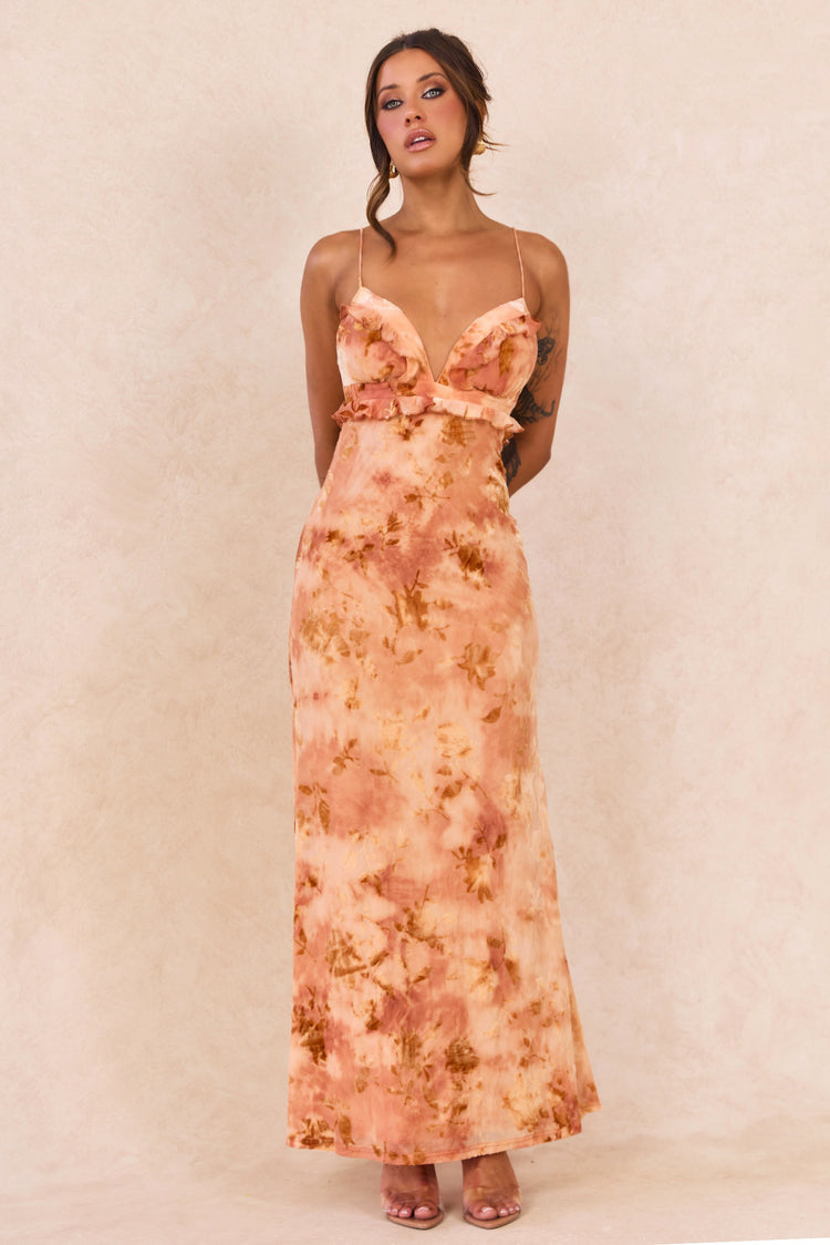 Whispering Garden Flocked Mesh Maxi Dress - Orange for women