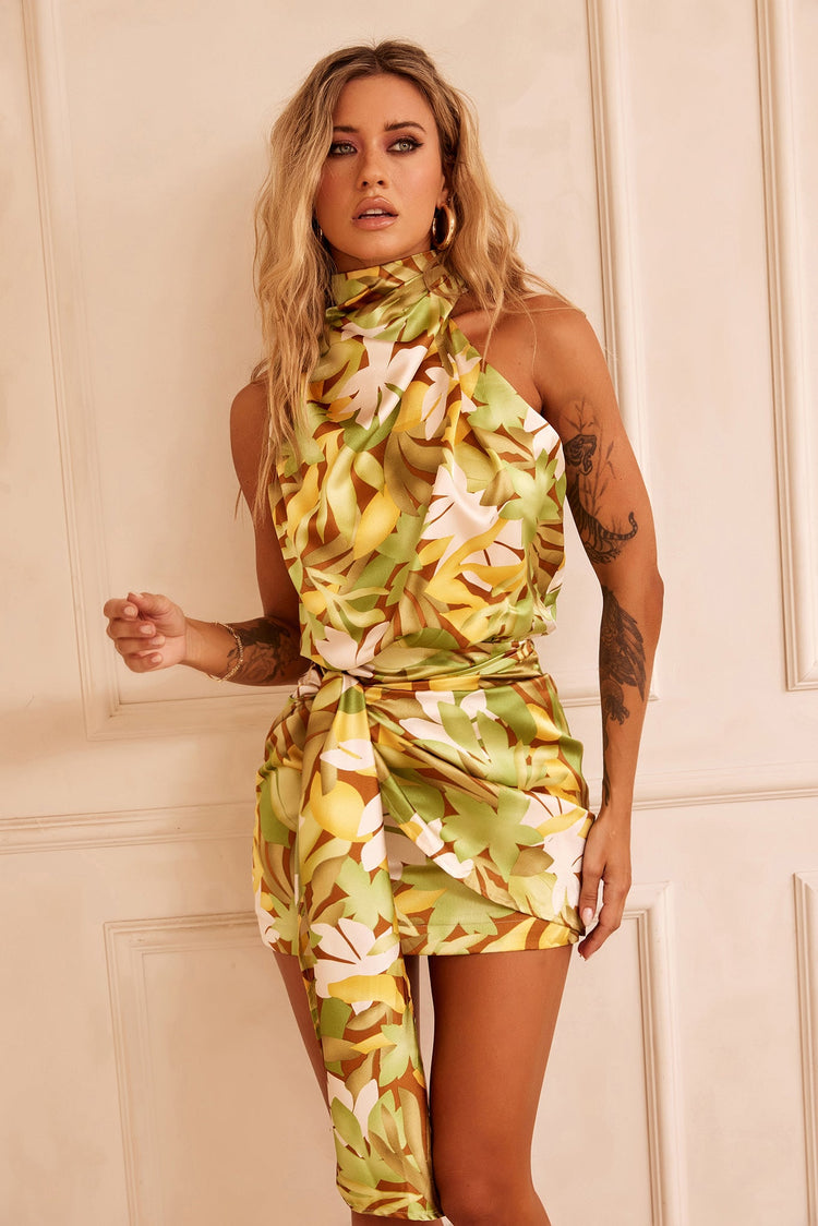 Sully Satin Mini Dress - Green Multi DRESSES Sage and Paije
