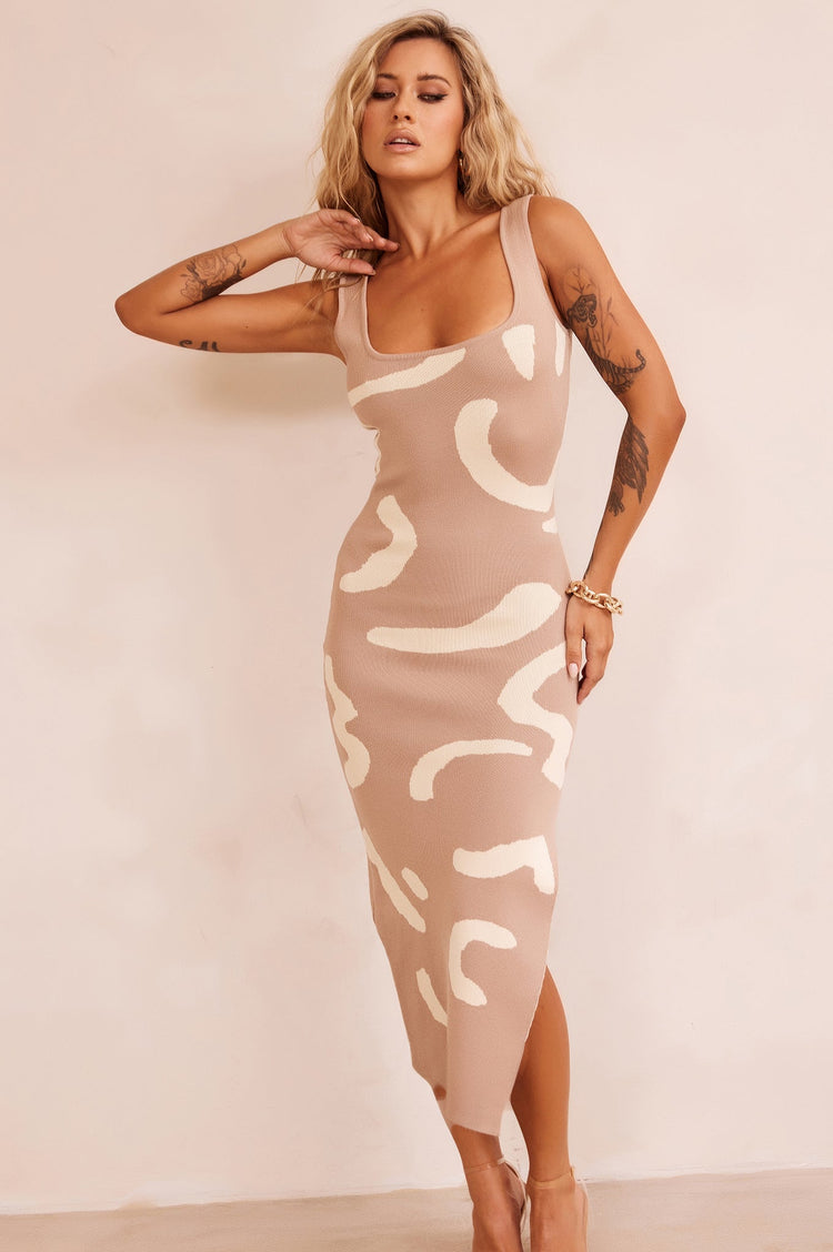 Attached Knit Midi Dress - Camel for women