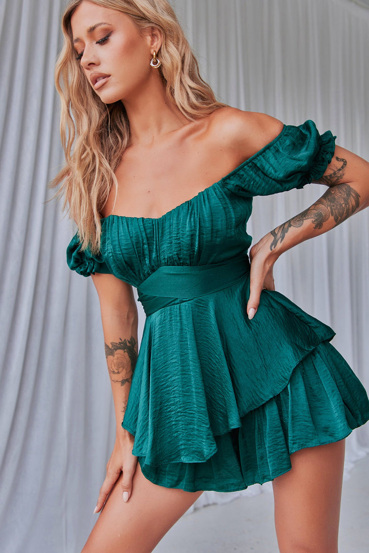 Ground Theory Off-the Shoulder Playsuit - Forest Green for women