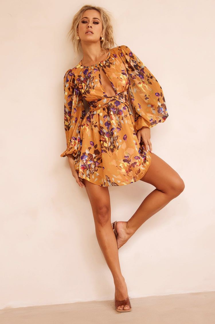 Pulling You In Mini Dress - Mustard Multi for women
