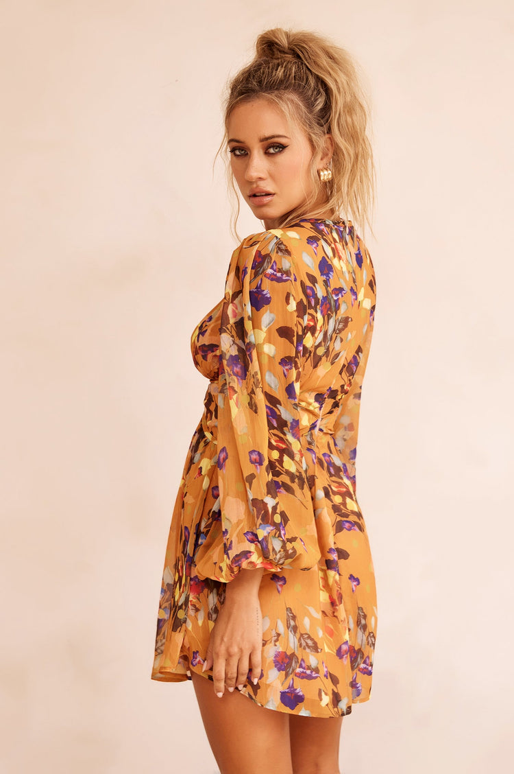 Pulling You In Mini Dress - Mustard Multi for women