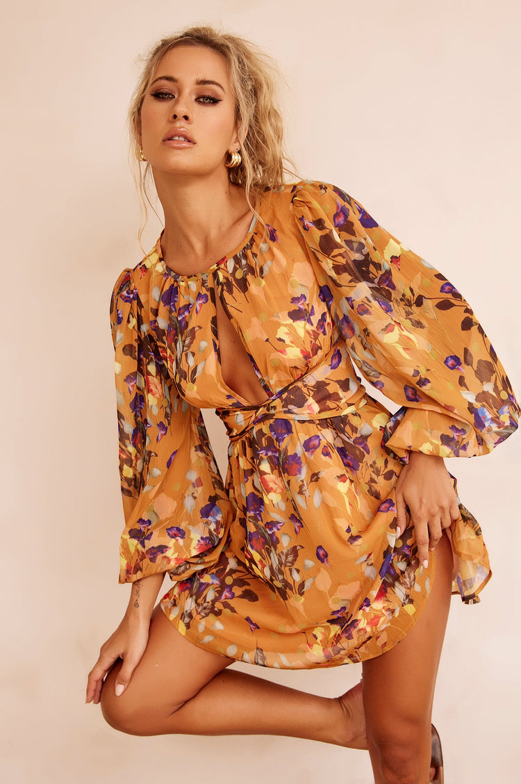 Pulling You In Mini Dress - Mustard Multi for women