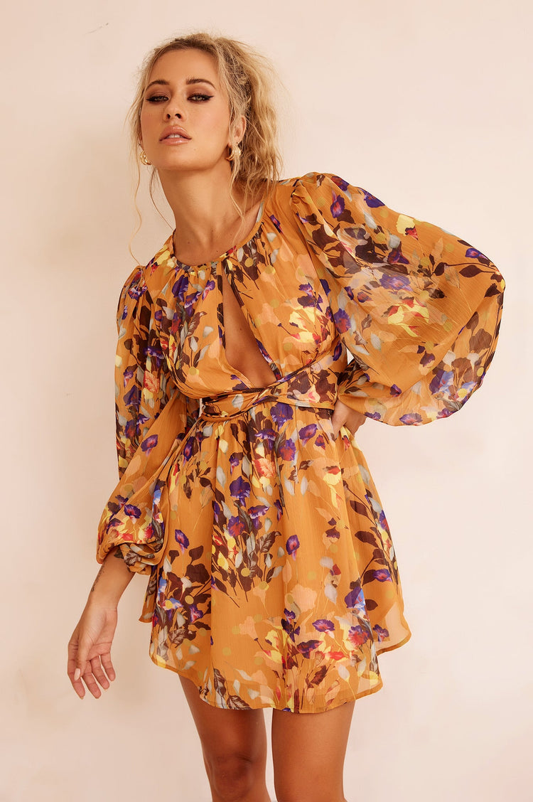 Pulling You In Mini Dress - Mustard Multi for women
