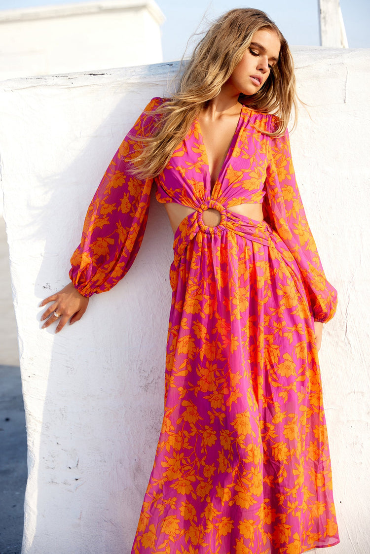 open lace back dress Pink and Orange Floral Halterneck Nala Maxi Dress