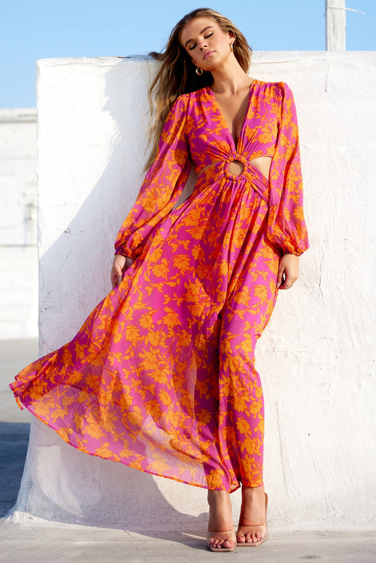 white embroidered long sleeve dress FARM Rio Off-White Embroidered Crew Neck Long Sleeve Maxi Dress, Off-White / XXS